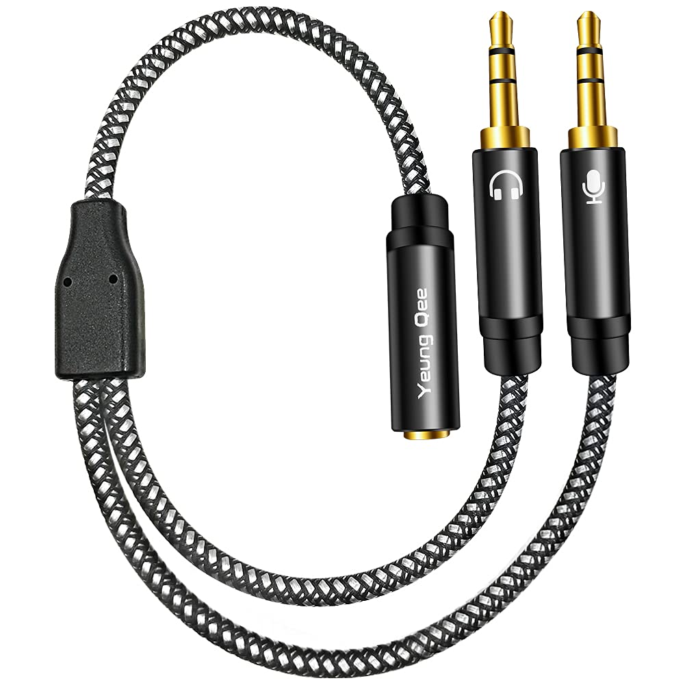 Yeung Qee Headphone Mic Splitter CTIA Standard 3.5mm Female to 2 Dual 3.5mm Jack Male Microphone Audio Y Splitter Adapter Cable Compatible with PC,Laptop Desktop,Gaming Headset, Speaker(30cm,black)