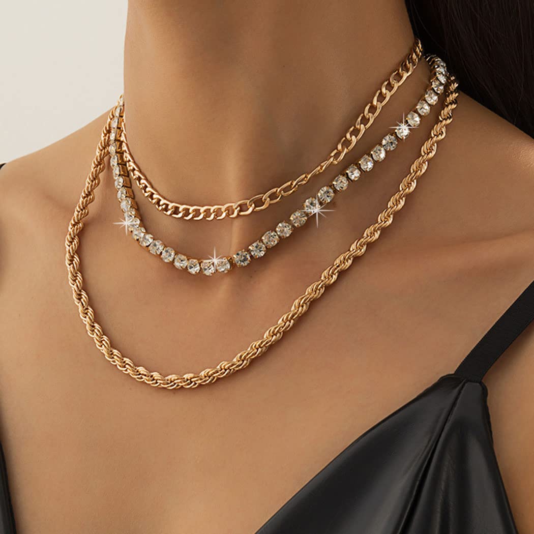 CLOACE Layered Choker Necklace Rhinestone Necklaces Thin Link Chain Necklace Crystal Punk Cuban Jewelry for Women and Girls (B-Gold)
