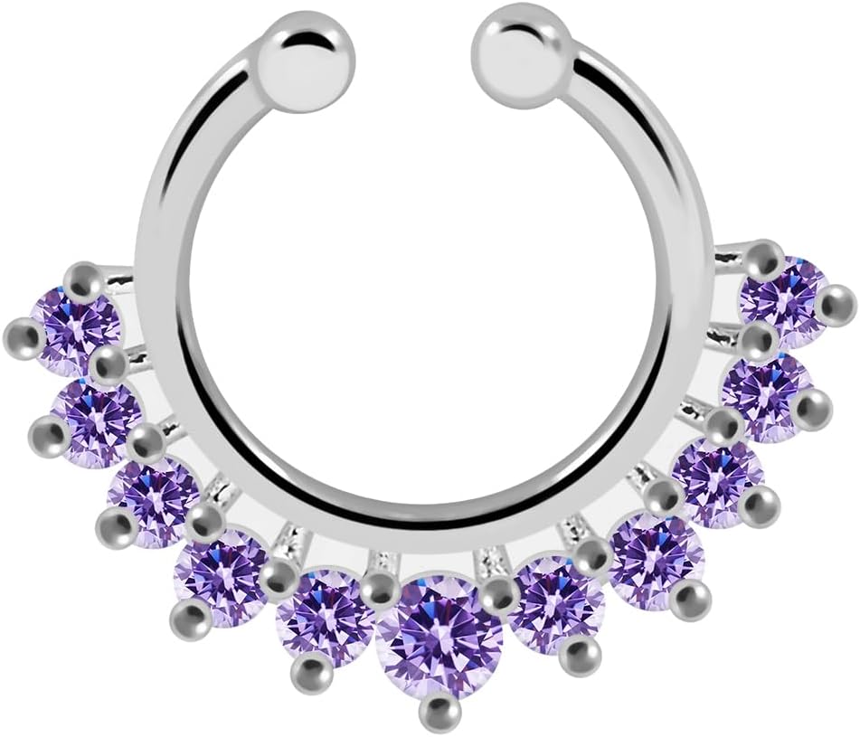 Eleven Cz Stones Paved 925 Sterling Silver Hoop Clip on Fake Septum Nose Rings Non Piercing Lip Ear Ring Faux Body Piercing Jewelry
