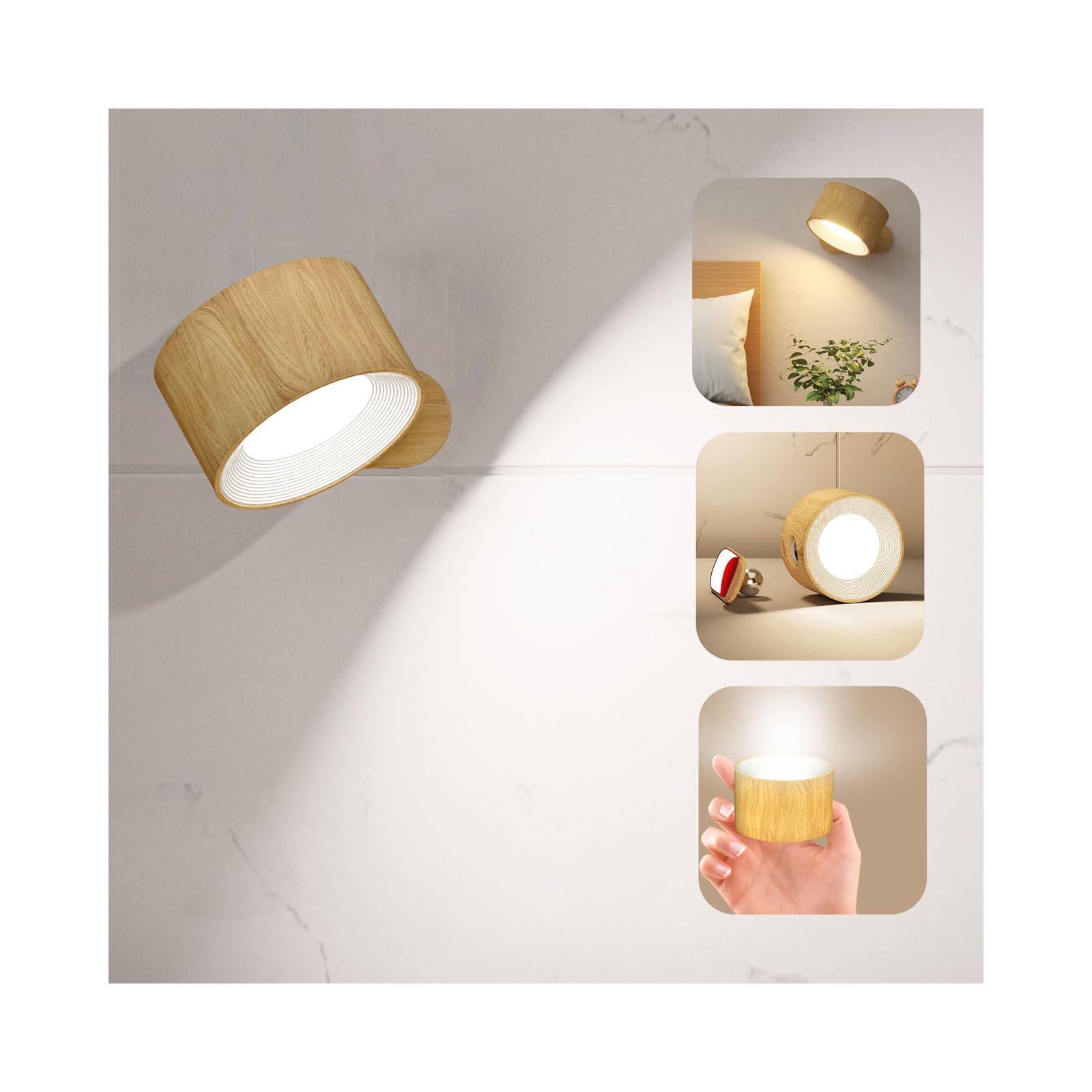 Deyagoo Wood Led Wall Sconce, Wall Mounted Lamp With Rechargeable Battery Operated Usb Port 3 Color Temperature & 3 Brightness Level 360°Rotate Magnetic Ball, Cordless Light For Reading Bedside