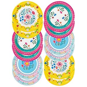 Talking Tables – Juego de 12 platos de papel florales coloridos bohemios, vajilla desechable | Tema Hawaiano, Verano, Cumpleaños Infantil, Fiesta Encanto, 23cm, Amarillo Rosado Azul