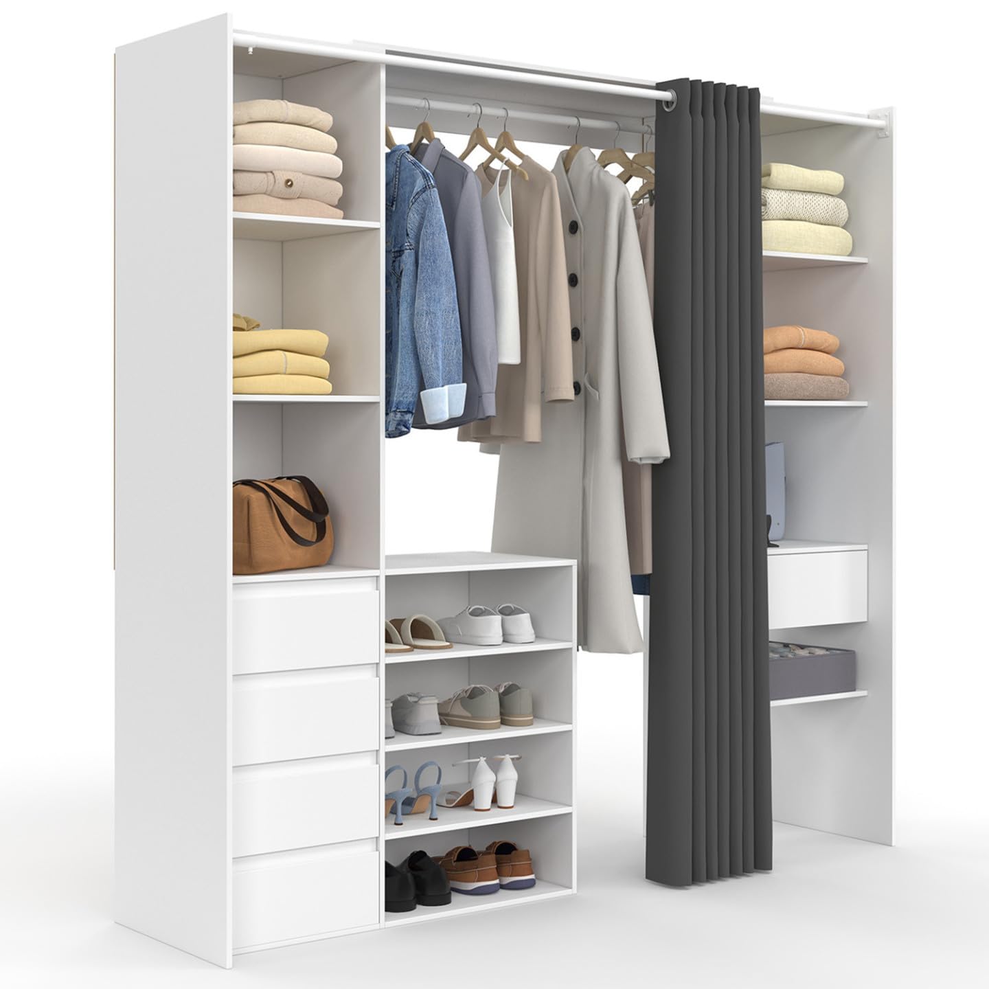 IDMarket - Dressing extensible double XXL MERYL 120/​180 cm blanc avec tiroirs + étagères + penderie + rideau gris