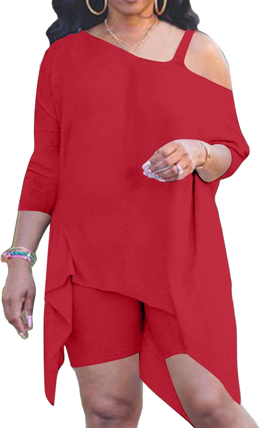 LovelyWholesale Womens Plus Size Two Piece Sets Trendy Outfits with One Shoulder Top Skinny Shorts Tracksuit Sets Large Red