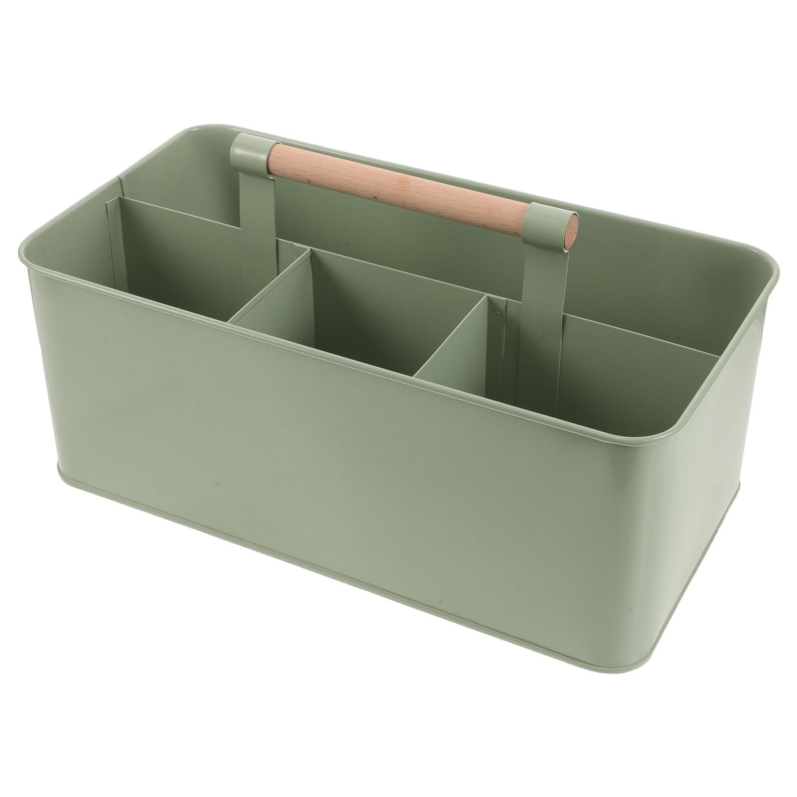 Cesta Organizadora Mango de Madera para Herramientas de Jardinería con 4 Compartimentos y Estructura de Hierro Verde para Uso Interior y Exterior