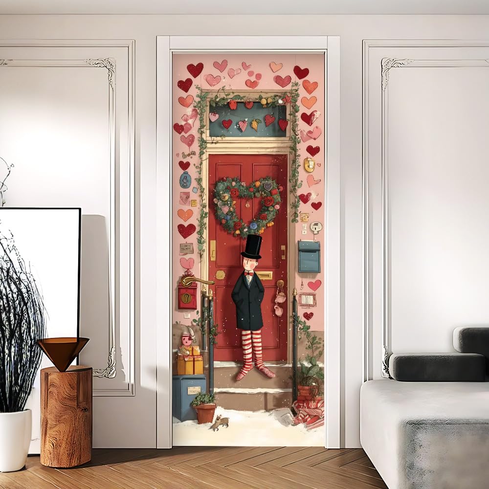 Whimsical Heart Wreath Top Hat Character Door Mural 30.31x78.74in
