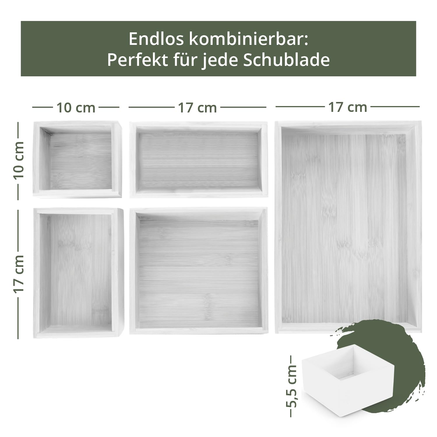 TAKE® 6-częściowy organizer do szuflad, wykonany w 100% z naturalnego bambusa (biały) – organizer do szuflad, pudełka w różnych rozmiarach, do kuchni, łazienki i biura, organizer do szuflad, toaletki