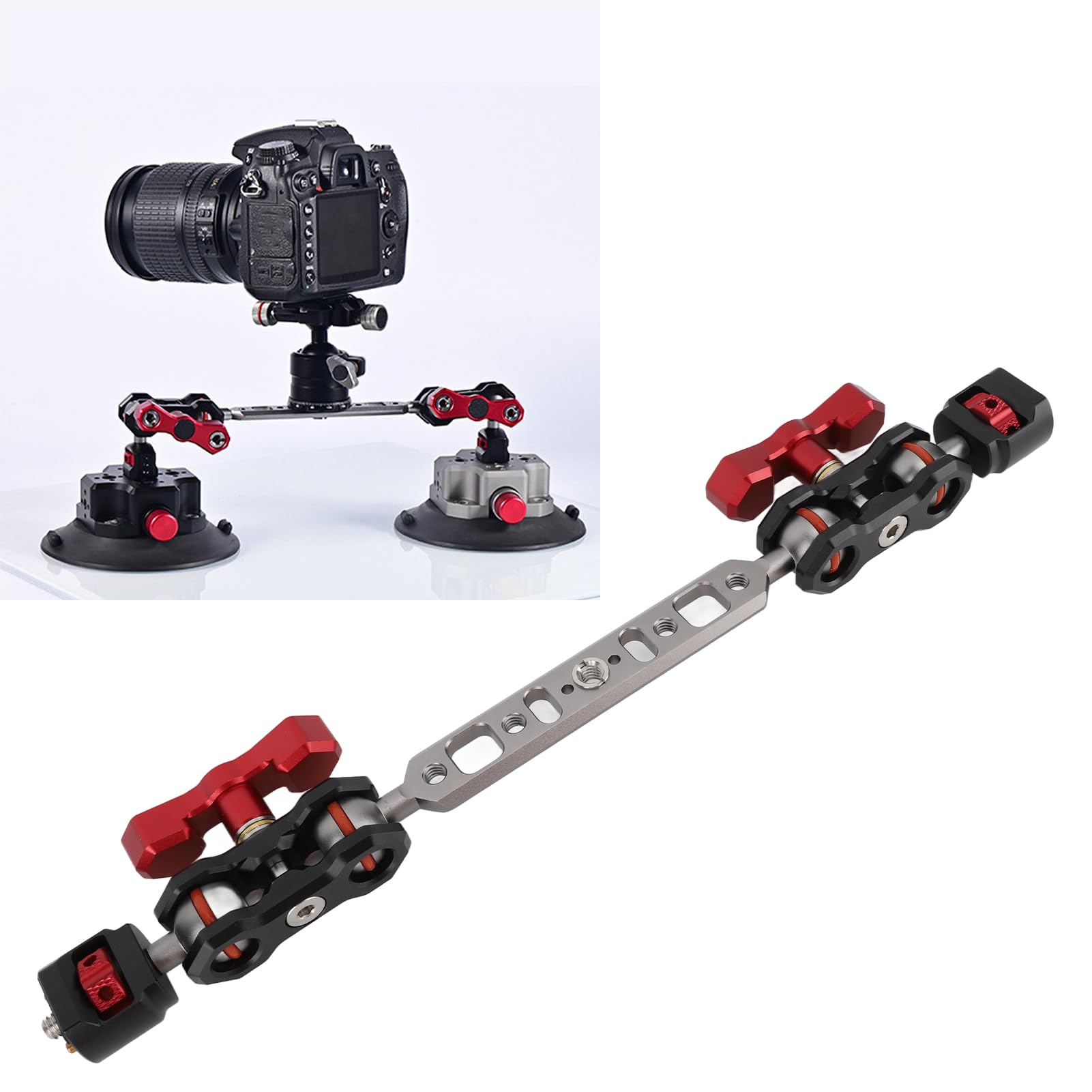 Brazo Mágico Articulado, Brazo Articulado Ajustable de 360 ​​Grados con Doble Cabeza Esférica y Tornillo de 1/4 pulg. Rosca de 1/4 pulg. 3/8 pulg., Barra de Extensión de 12 pulg.