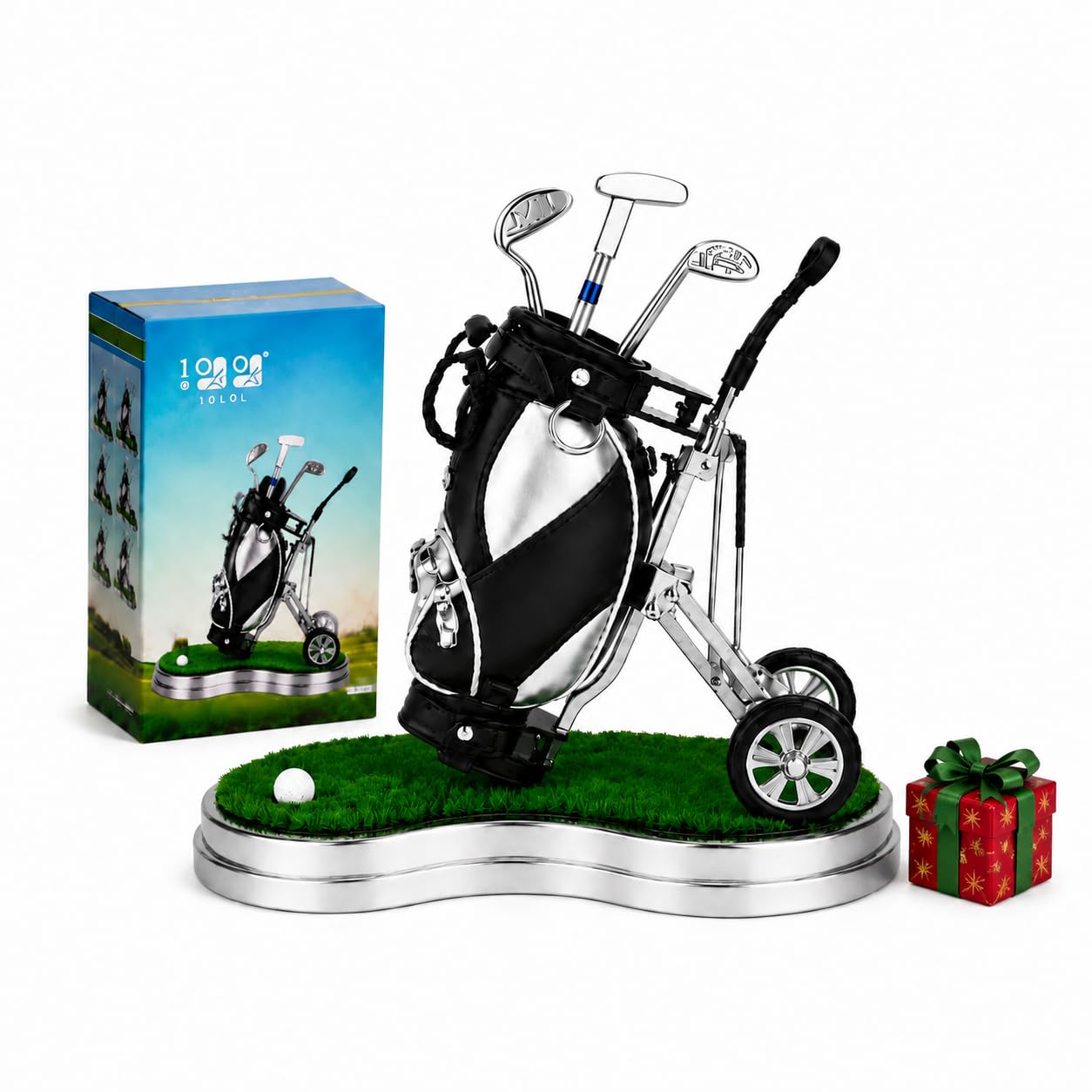 10L0L Golf-Stifthalter mit 3 Stück Golfschläger-Stiften Geschenkset Golf-Renn-Souvenirs einzigartige Geschenke für Golfer-Fans, Kollegen – Silber + Schwarz