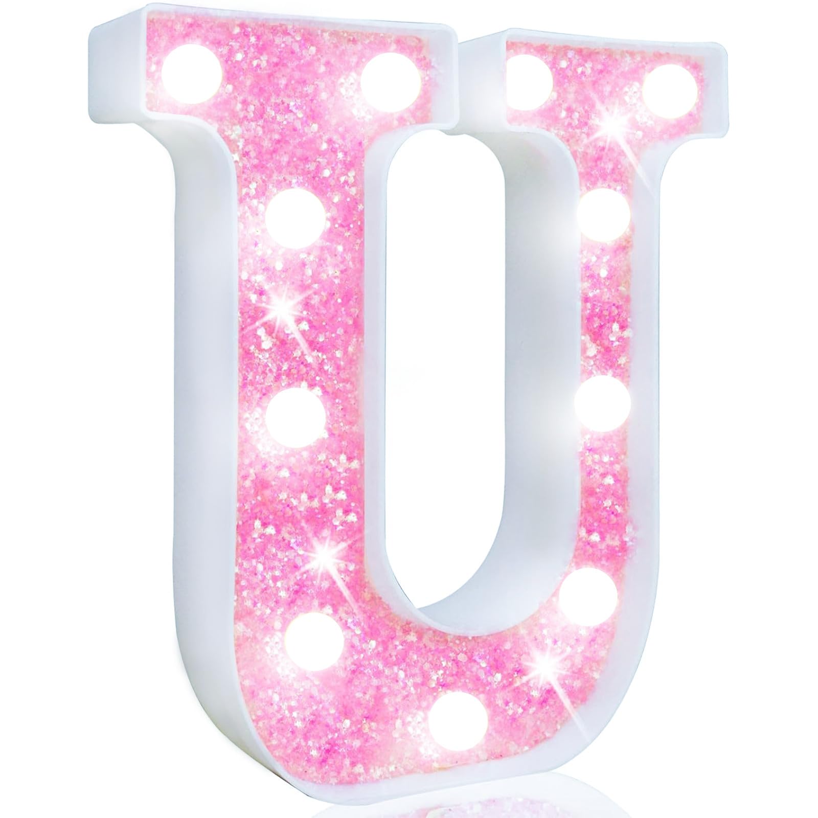 Pooqla LED Marquee Letter Lights, Light Up Pink Letters Glitter Letter Sign for Girls Gifts, Battery Powered for Night Light Birthday Party Wedding Home Bar Christmas Decoration, Cool White Pink U