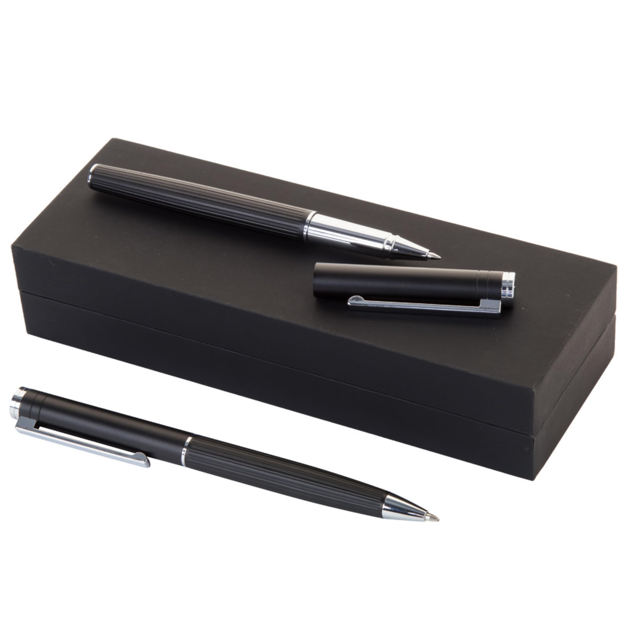noTrash2003 Ensemble stylo à bille et stylo roller élégant avec corps en aluminium à texture rayée, coffret cadeau noir avec recharge bleue, fournitures de bureau, idée cadeau (bleu)