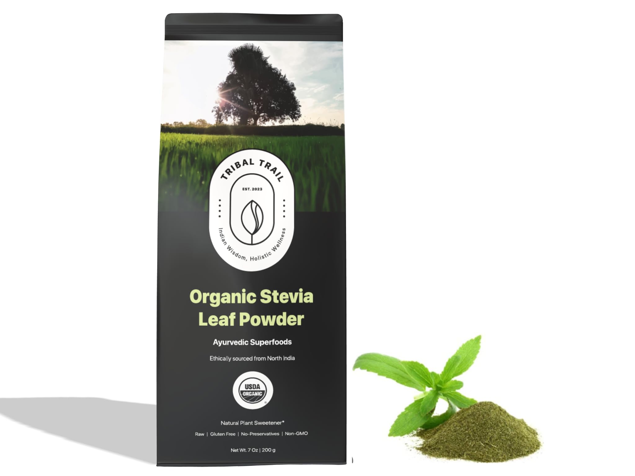 Organic Stevia Powder | 7.05 oz | USDA Organic & Non-GMO | Ethically Sourced from North India | Recyclable Kraft Bags | Natural Stevia | Plant Based Sugar Free SubstituteUSDA Organic