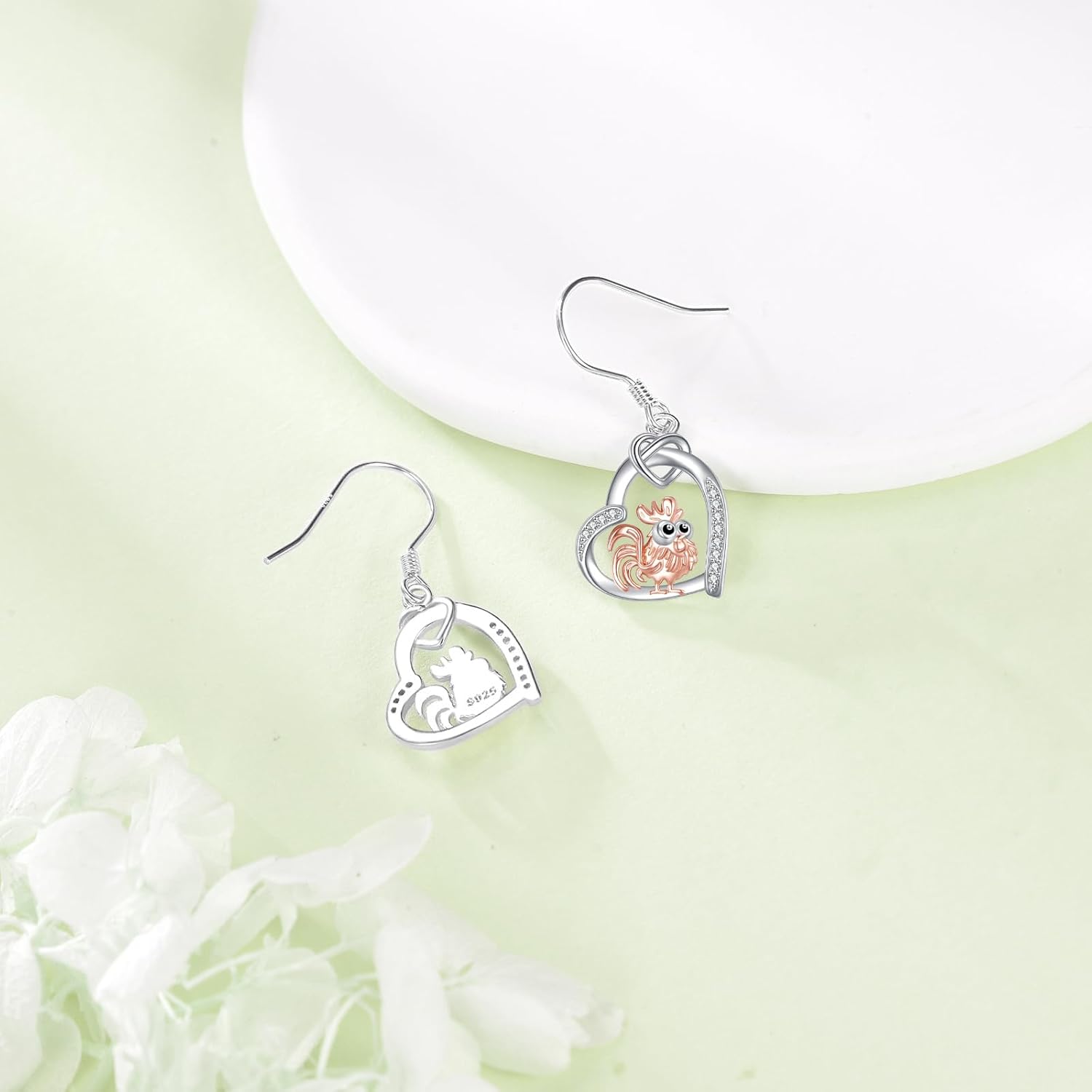 Chicken Earrings S925 Sterling Silver Heart Chicken Dangle Earrings Animal Jewelry Gifts for Women Mom Wife - Image 3