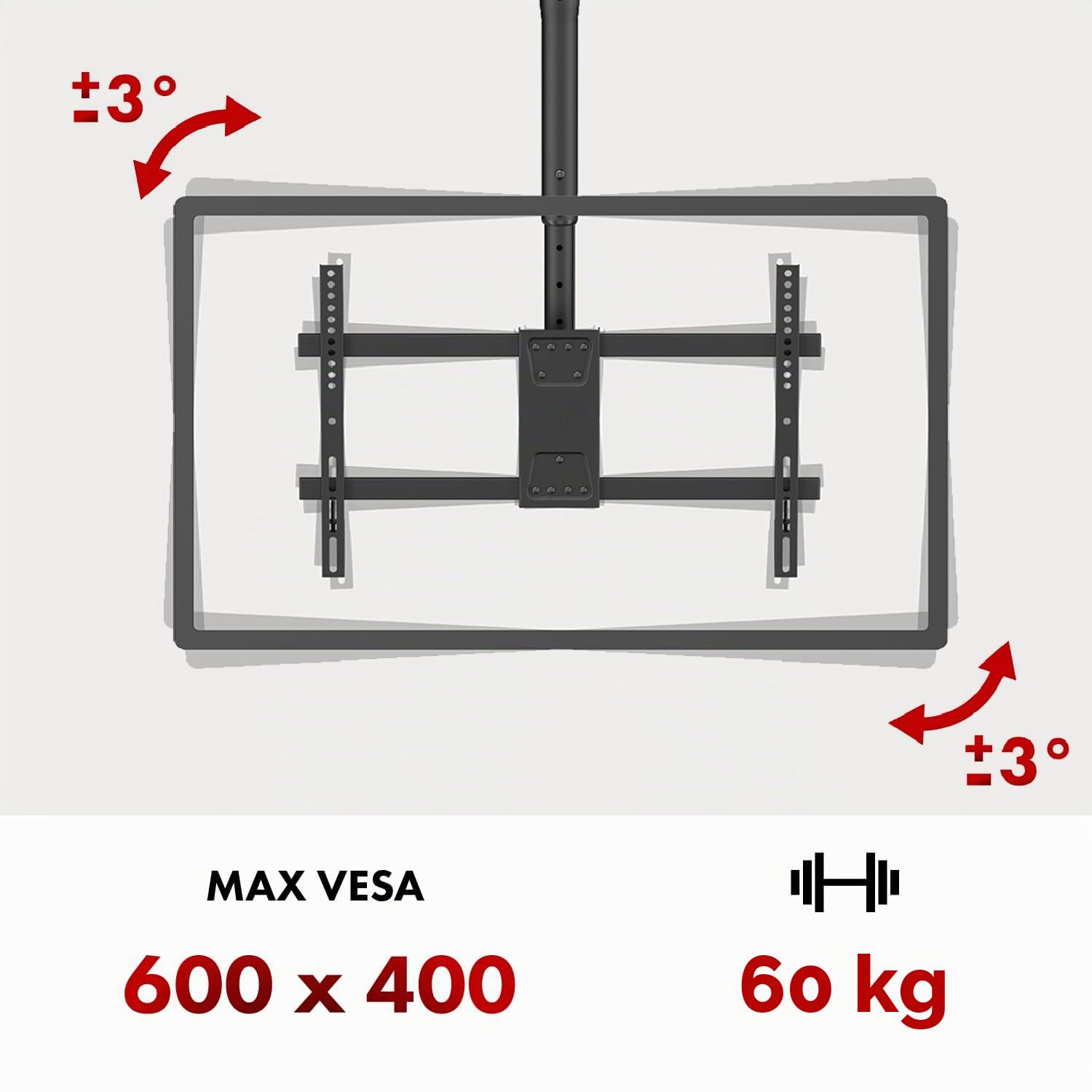 Maclean Supporto a soffitto TV 43-86″ | Capacità di carico 60 kg | Inclinazione -25°, girevole 180°, altezza regolabile 485-925 mm | VESA fino a 600×400 mm | Gestione cavi | Acciaio nero