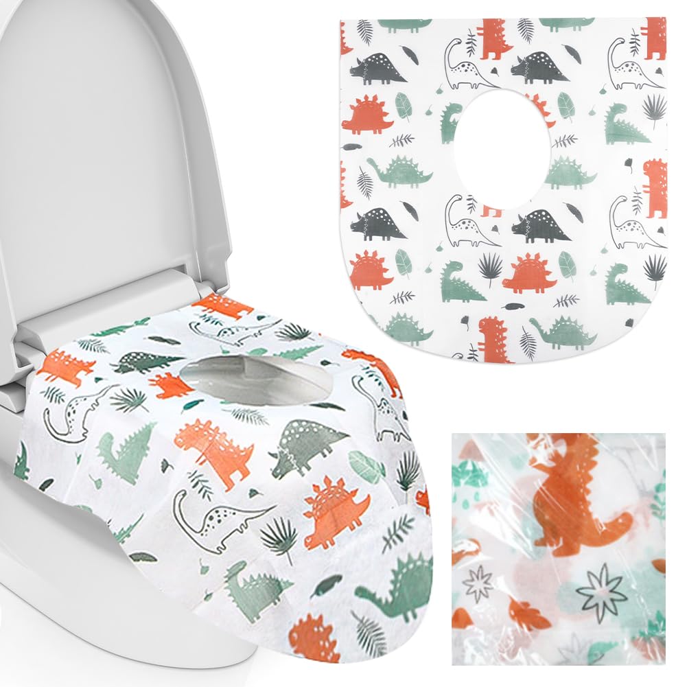 40 stuks toiletbrilhoezen wegwerp voor kinderen peuter extra groot papier zindelijkheidstrainingen voor kinderen individueel verpakte draagbare toilethoes voor reizen, zindelijkheidstraining (Dinosaurusstijl