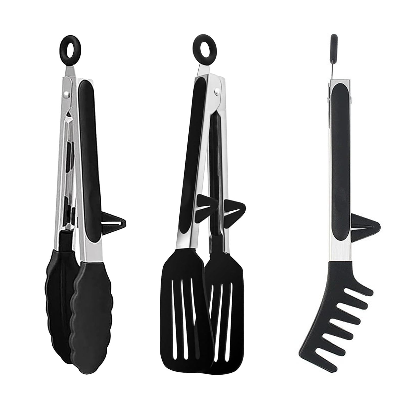 3 Pezzi Pinze da Cucina,Pinze in Metallo,Pinze da Cucina in Silicone,Pinze Barbecue Antiscivolo in Acciaio Inox Silicone Utensili da Cucina,per Carne,Arrosto,Insalata Nero