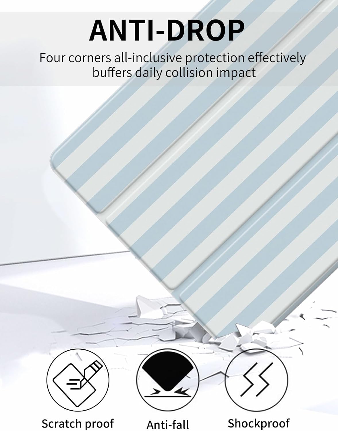 Trifold Stand Case for iPad 11th Generation (A16) 2025/10th Generation, iPad 10.9 Inch Case with Pencil Holder, Cute Blue White Striped Pattern Trendy Design Protective Cover-Blue White Stripes