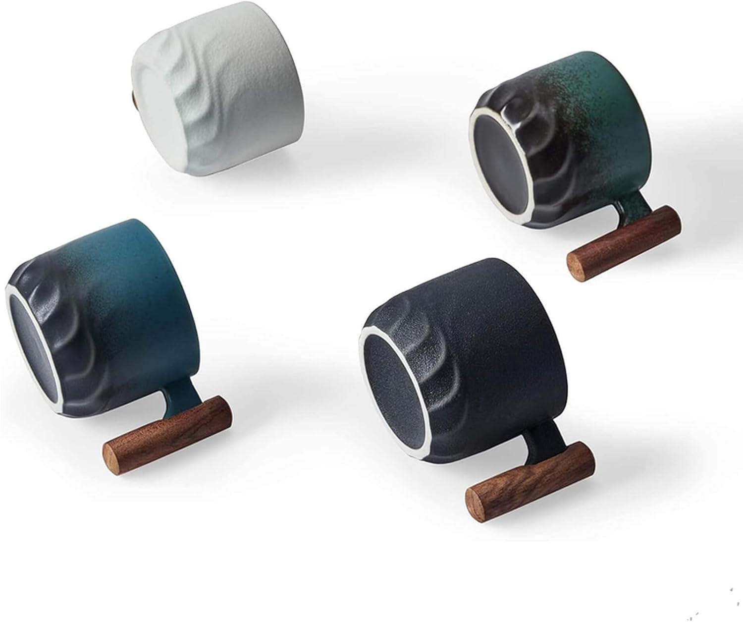 2.5oz Ceramic Espresso Cups with Wooden Handle, Chinese KungFu Tea Cup, Coffee Cups Set of 4 (Multicolor)