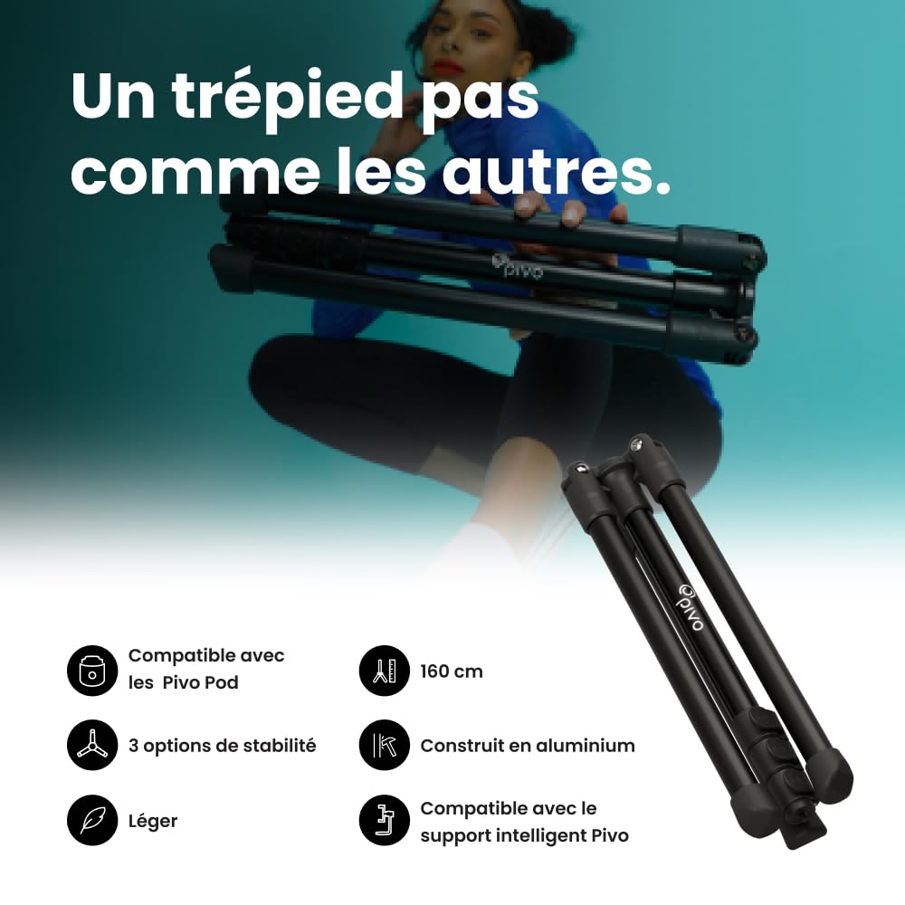 Pivo Trépied Léger de 160 cm, Extensible, pour Appareil Photo avec Filetage Universel de 1/4 Pouce Option à 3 Niveaux pour ES Caméras d'action, Les DSLR, Les Support Smartphone et Les Pivo