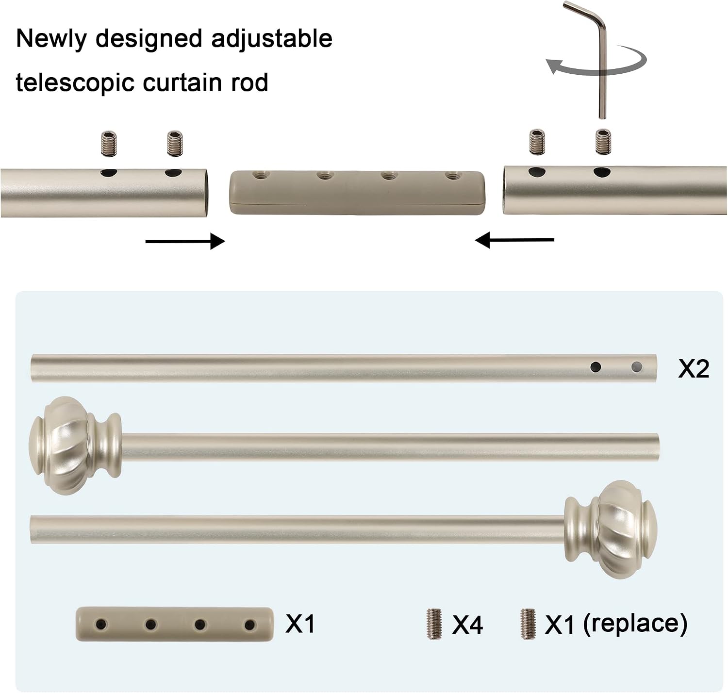 H.VERSAILTEX Window Curtain Rods for Windows 30 to 48 Inches Splicing Adjustable 3/4 Inch Diameter Single Window Curtain Rod Set with Decorative Ribbed Knob Finials, Goldish Nickel