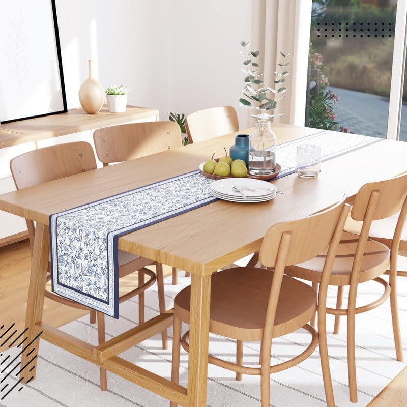 Image of Encasa XO Dining Table Runner For 4 To 6 Seater | Indigo-02 Block Printed Cotton Canvas | 32X150 Cm | Jaipur Sanganeri Hand Print, Large