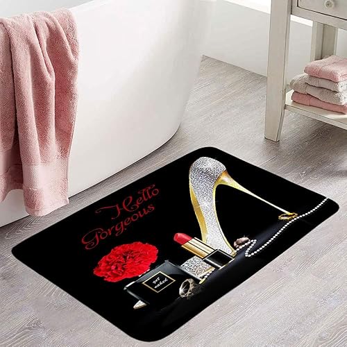 Miniatura 9 de Alfombra de baño de tacones altos rojos Hello Gorgeous Lipstick Perfume Flor Moda Maquillaje Mujer Niñas Día de San Valentín Fondo Negro Microfibra