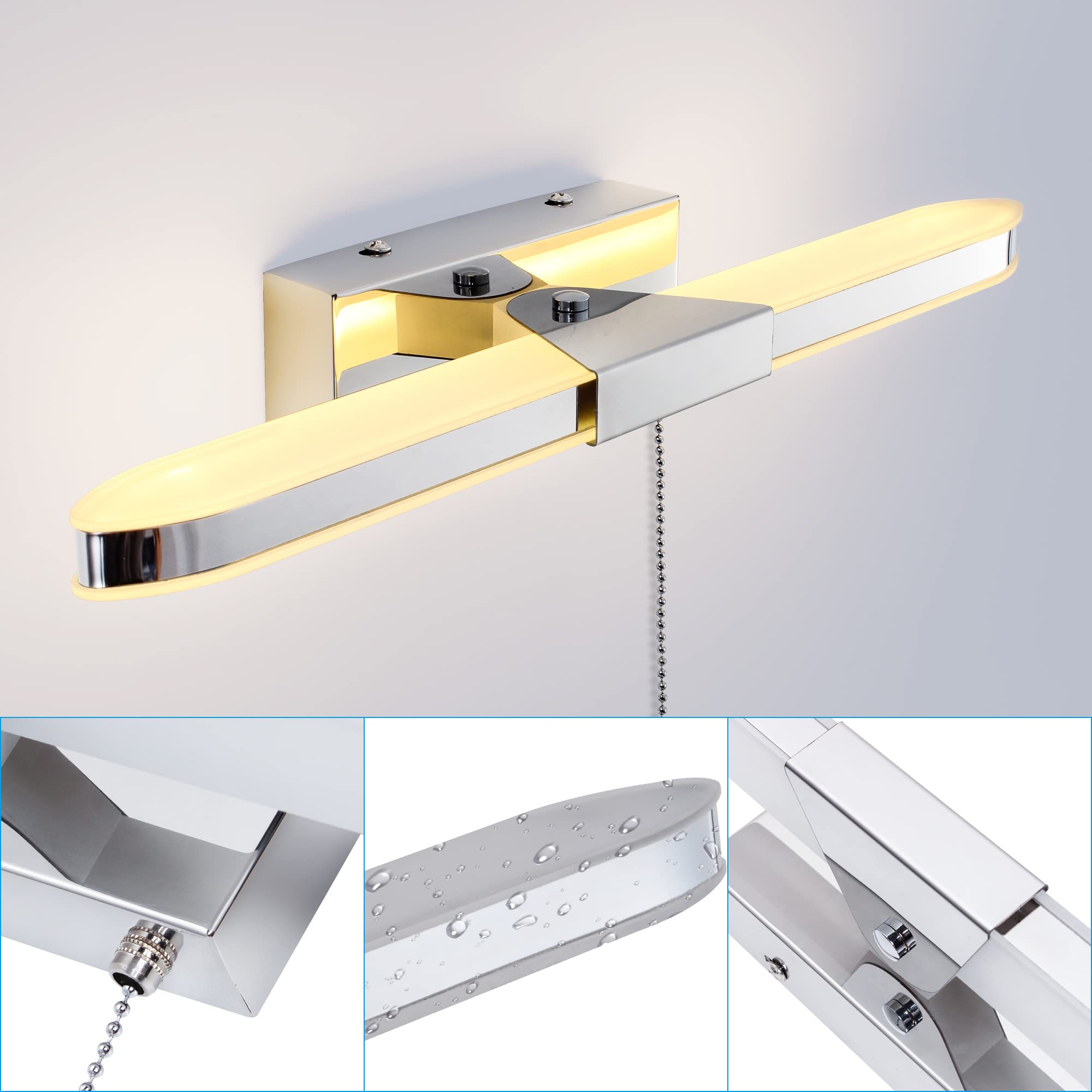 MantoLite LED Badezimmer Wandleuchte mit Zugschnur, 40CM Bildanzeige Lampe Spiegel Beleuchtung Wandleuchter für Hotel Restaurant Moderne Leselampen,8W 3000K Edelstahl Acrylleuchten
