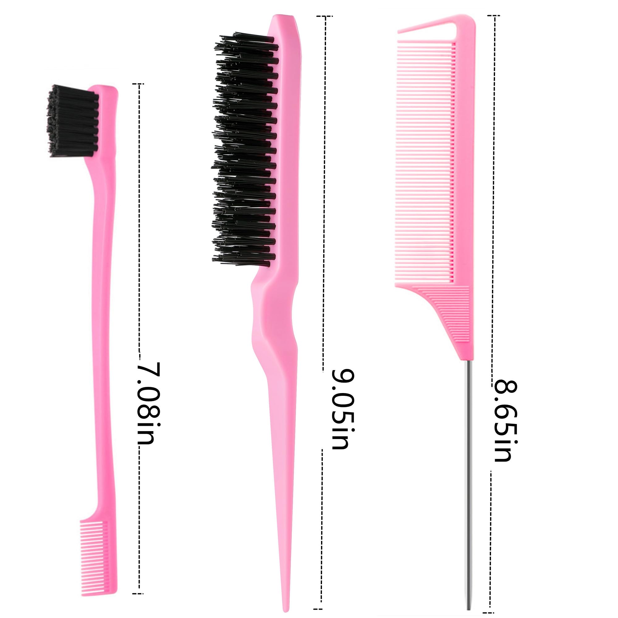ZVOREI 5pcs Boar Bristle Slick Back Hair Brush Set, Pink view 8