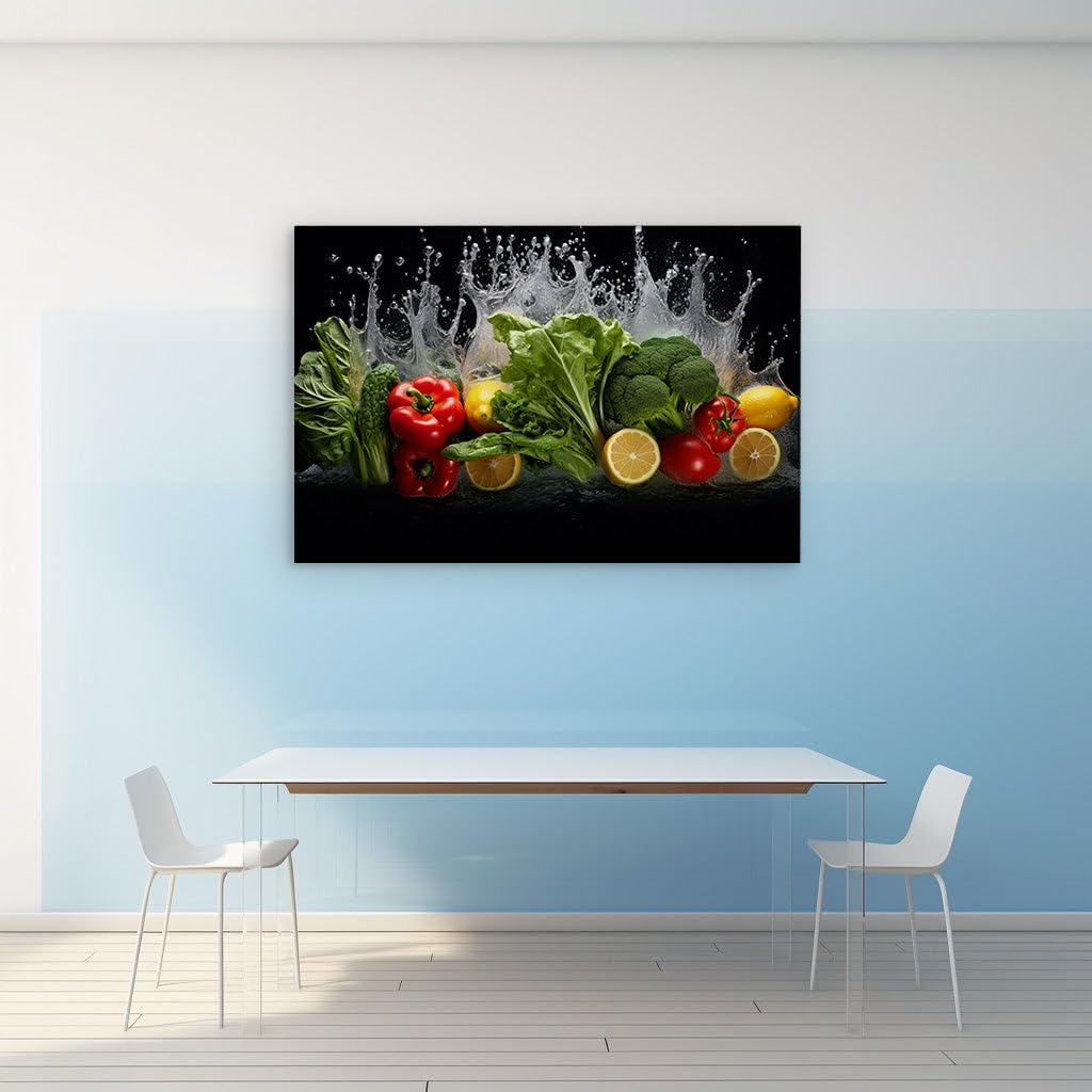 Canvas for Living room. Freshness Burst - The Vivid Allure of Water-Kissed Fruits and Vegetables, 27 x 18 inch Canvas Wall Art - Contemporary Masterpieces - Modern Home Decor