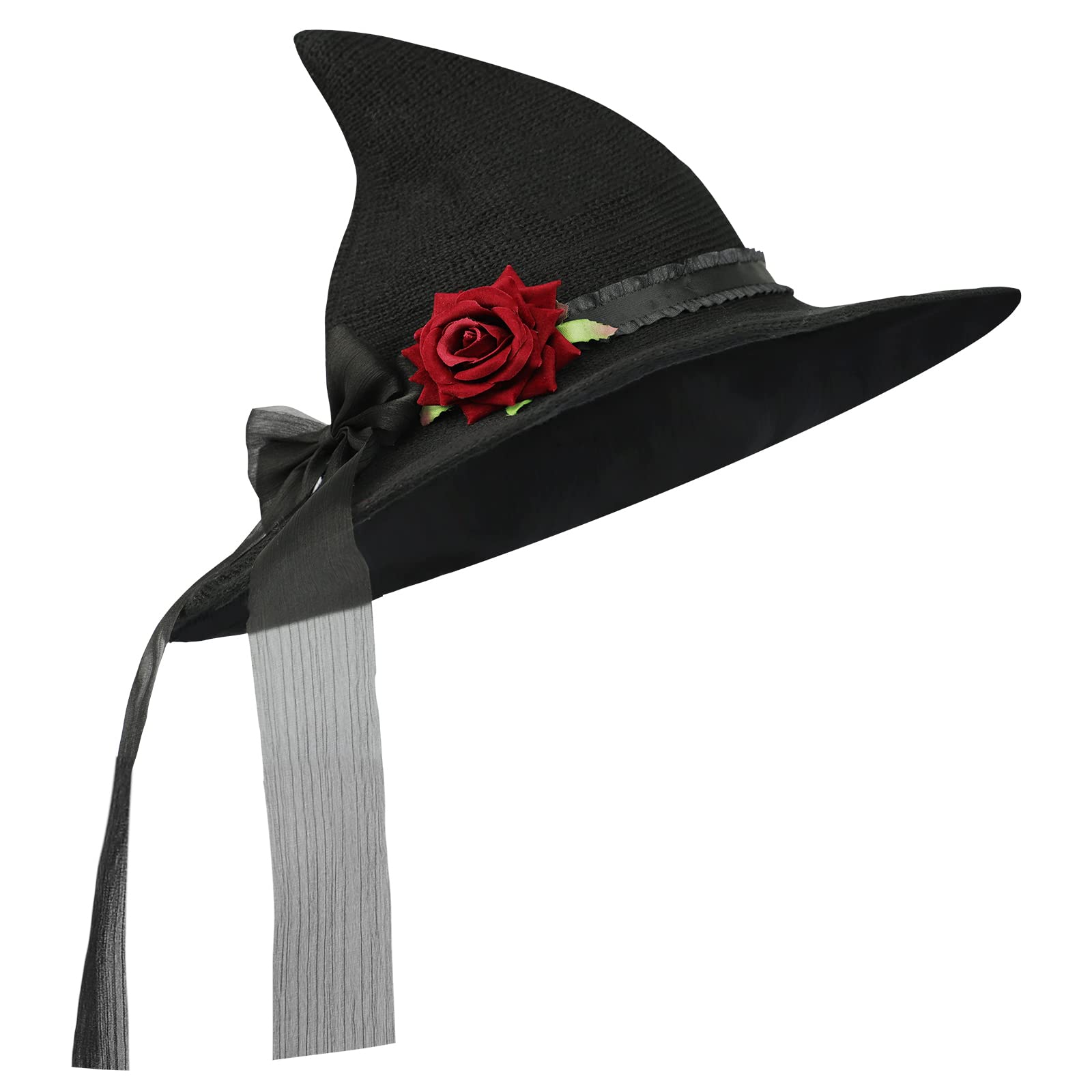 HKSICHENGKEJIUK Halloween Witch Hat With Rose Bow, Women Pointed Wide Brim Costume Accessory - Image 4