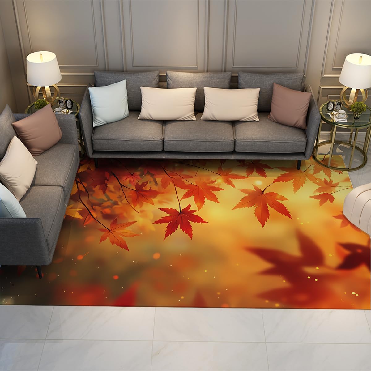 Tapis feuilles d'érable d'automne 80x150cm rouge orangé pour fort trafic en salon