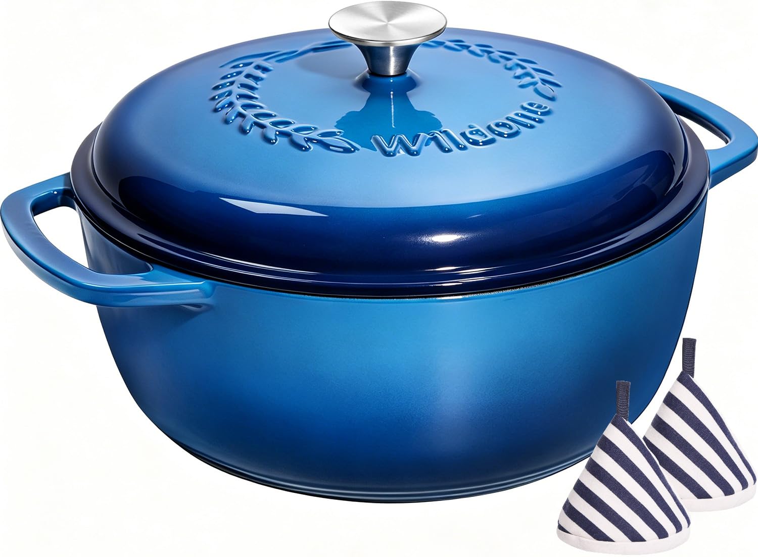 Enameled Cast Iron Dutch Oven - Wildone 6QT Pot with Lid & Cotton Potholders - Oven Safe Enamel Cookware for Bread Baking, Braising, Stews, Roasting, Blue