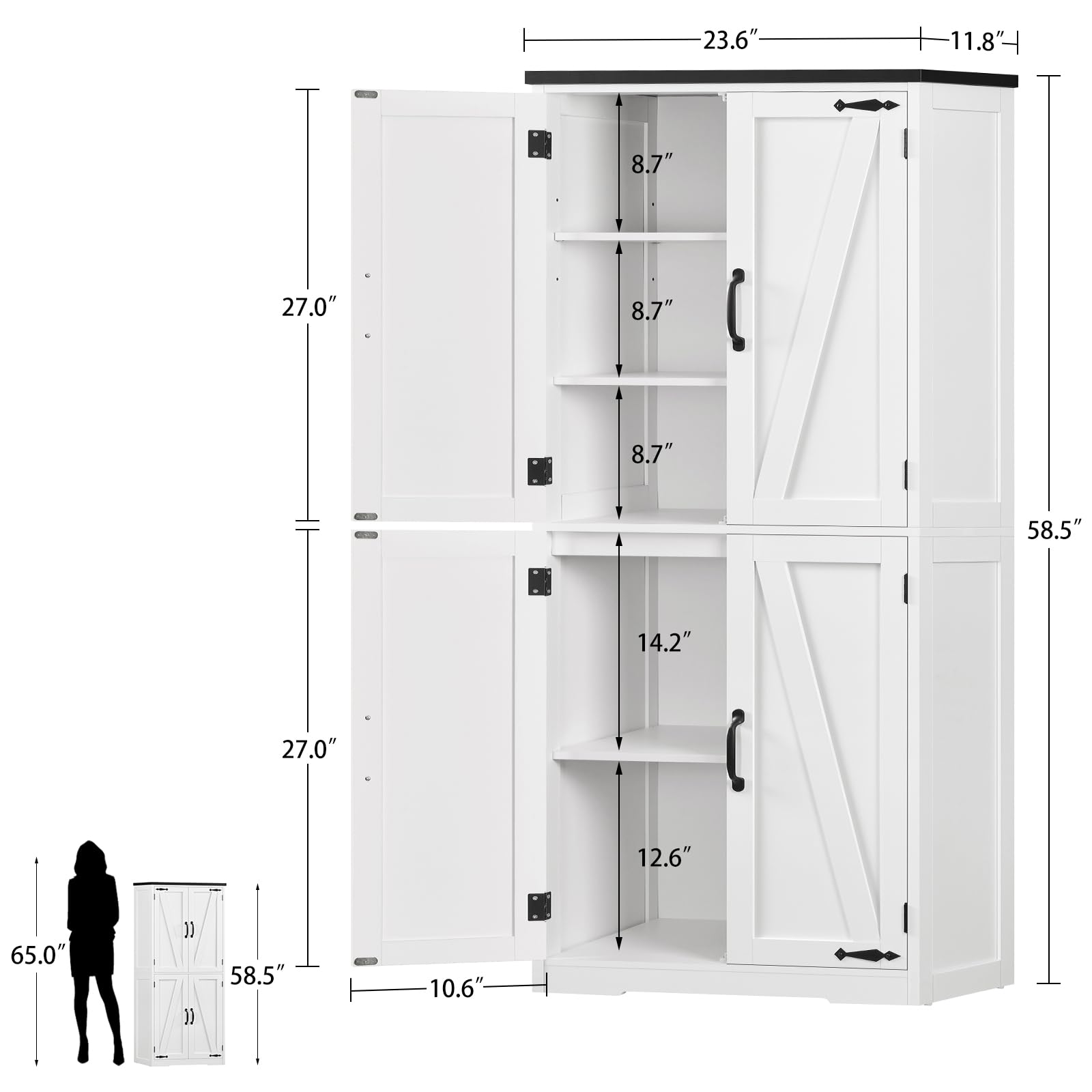 TEENFON Farmhouse Storage Cabinet with 2 Adjustable Shelves, Pantry Cabinet with 4 Barn Doors, Bathroom Cabinet, Cupboard for Kitchen, Living Room, Entryway, White - 3