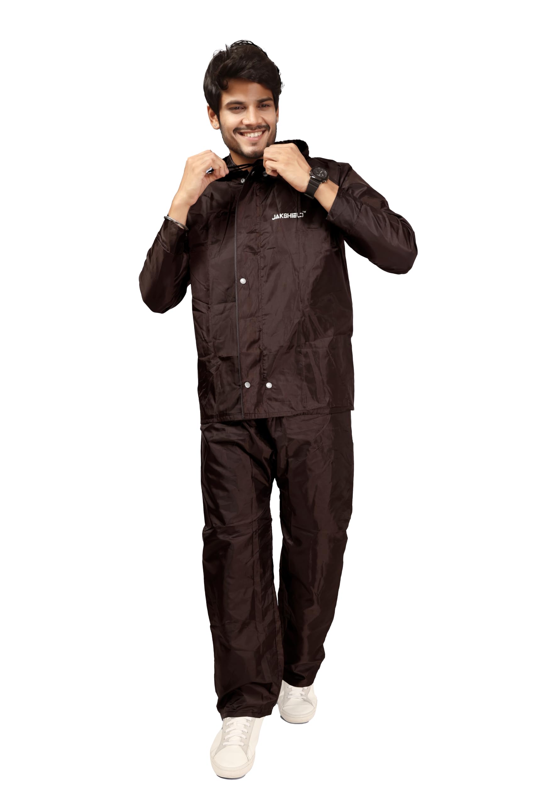 Rain Coat for Men with Adjustable Hood, Polyester Waterproof Full Sleeves, Top and Bottom Set Rainwear, Front Zip with Snap Button Flap