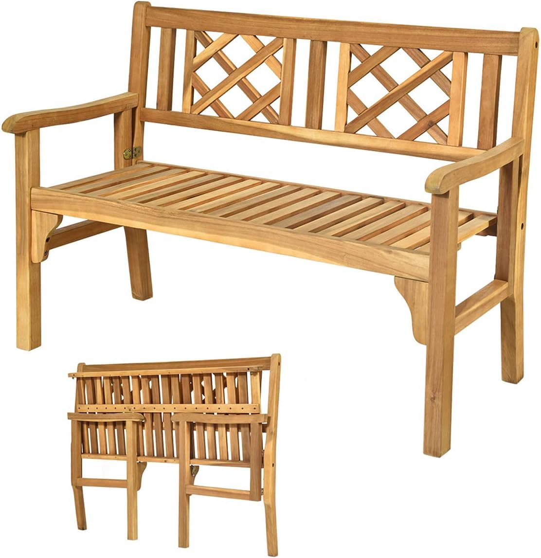 RELAX4LIFE Banco de Jardín Plegable de Madera Acacia con Reposabrazos para 2-3 Personas, Banco Exterior Ergonómico para Terraza, Balcón y Jardín, 120 x 56 x 90 cm, Carga 320 kg, Natural