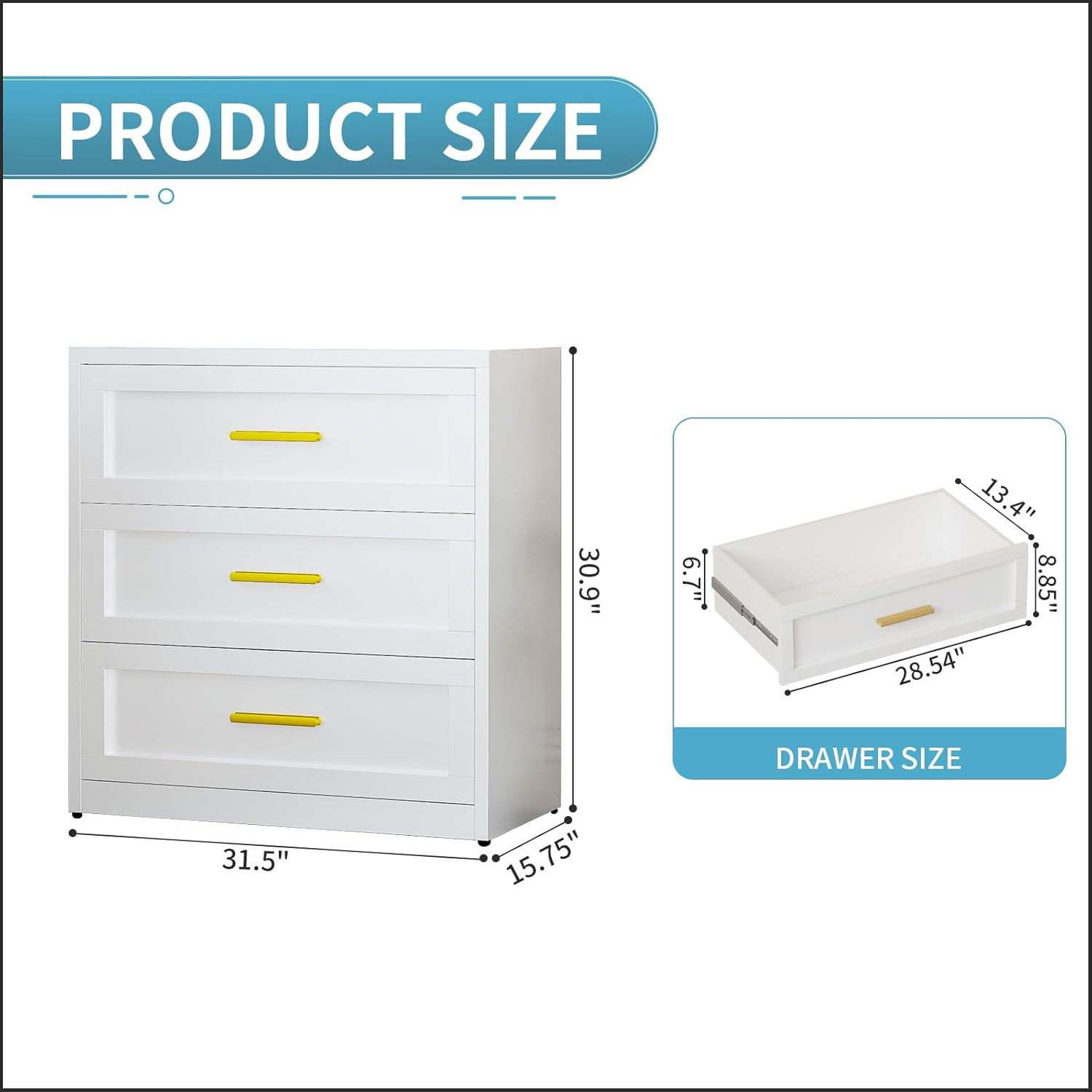 White 3-Drawer Metal Dresser for Bedroom, Tall Storage Cabinet with Golden Handles - Modern Chest of Drawers for Closet, Living Room, Dorm