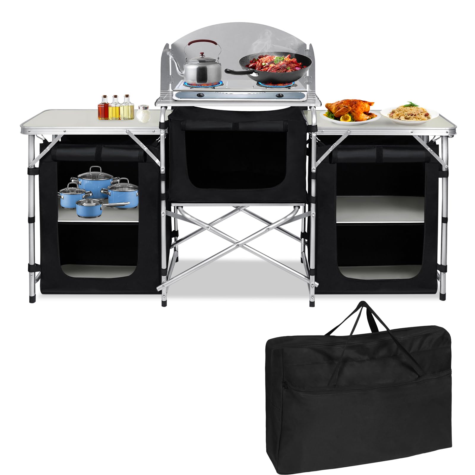 Yunvin Portable Camping Kitchen, Aluminium Camping Cabinet with 5 Internal Shelves, Windscreen and Carry Bag, Outdoor Storage Cupboard for BBQ and Picnic