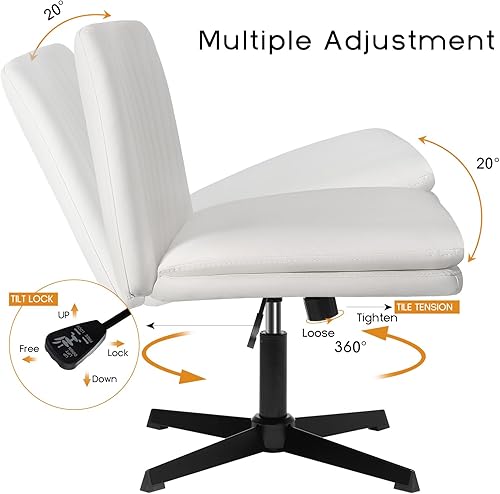 Miniatura 6 de PUKAMI Silla de oficina con patas cruzadas, silla de escritorio de oficina sin brazos, sin ruedas, silla de tocador moderna giratoria de piel