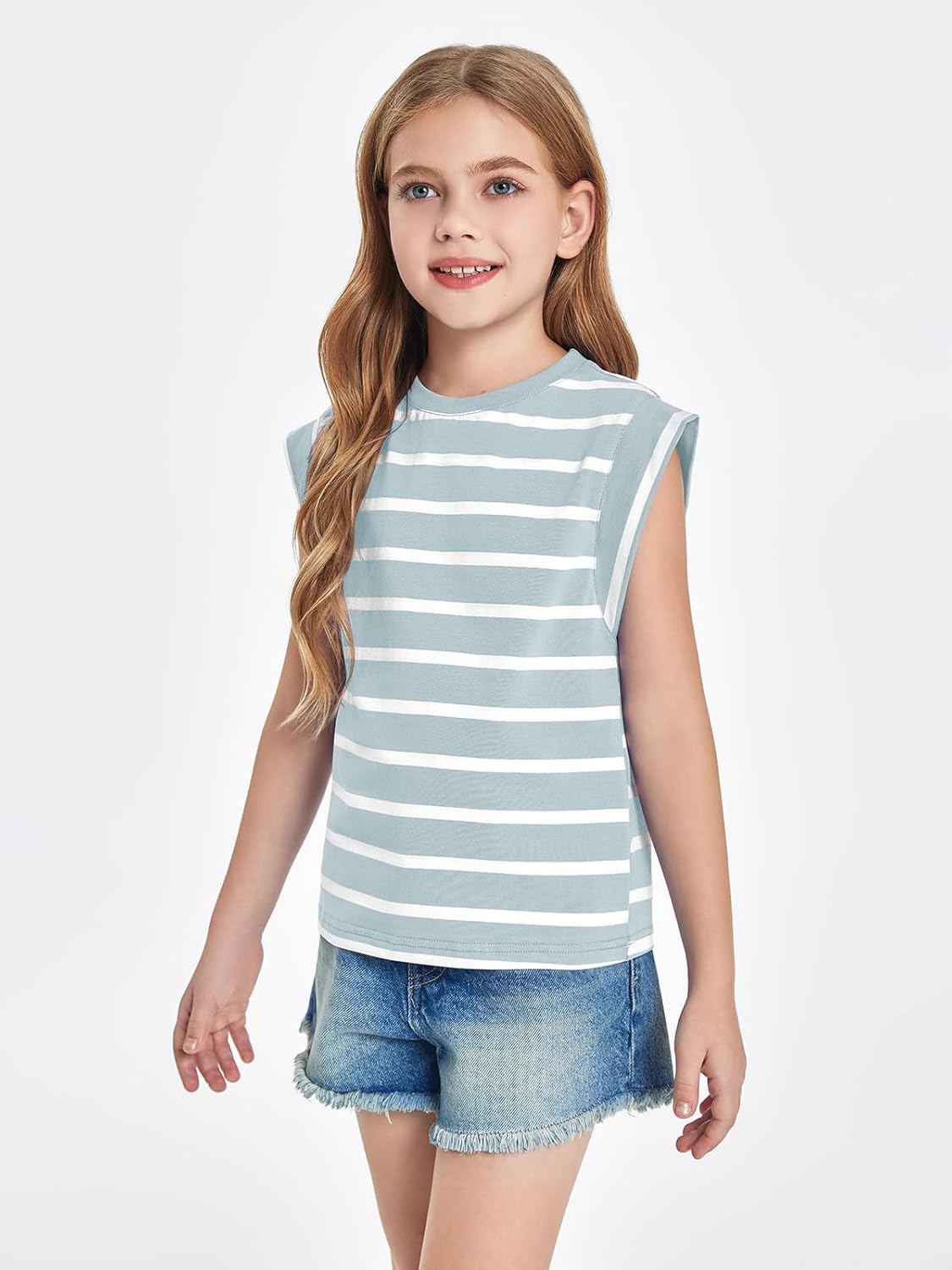 Haloumoning Girls Cap Sleeve T Shirts Summer Striped Tank Tops Tees 4-14 Years - Image 3