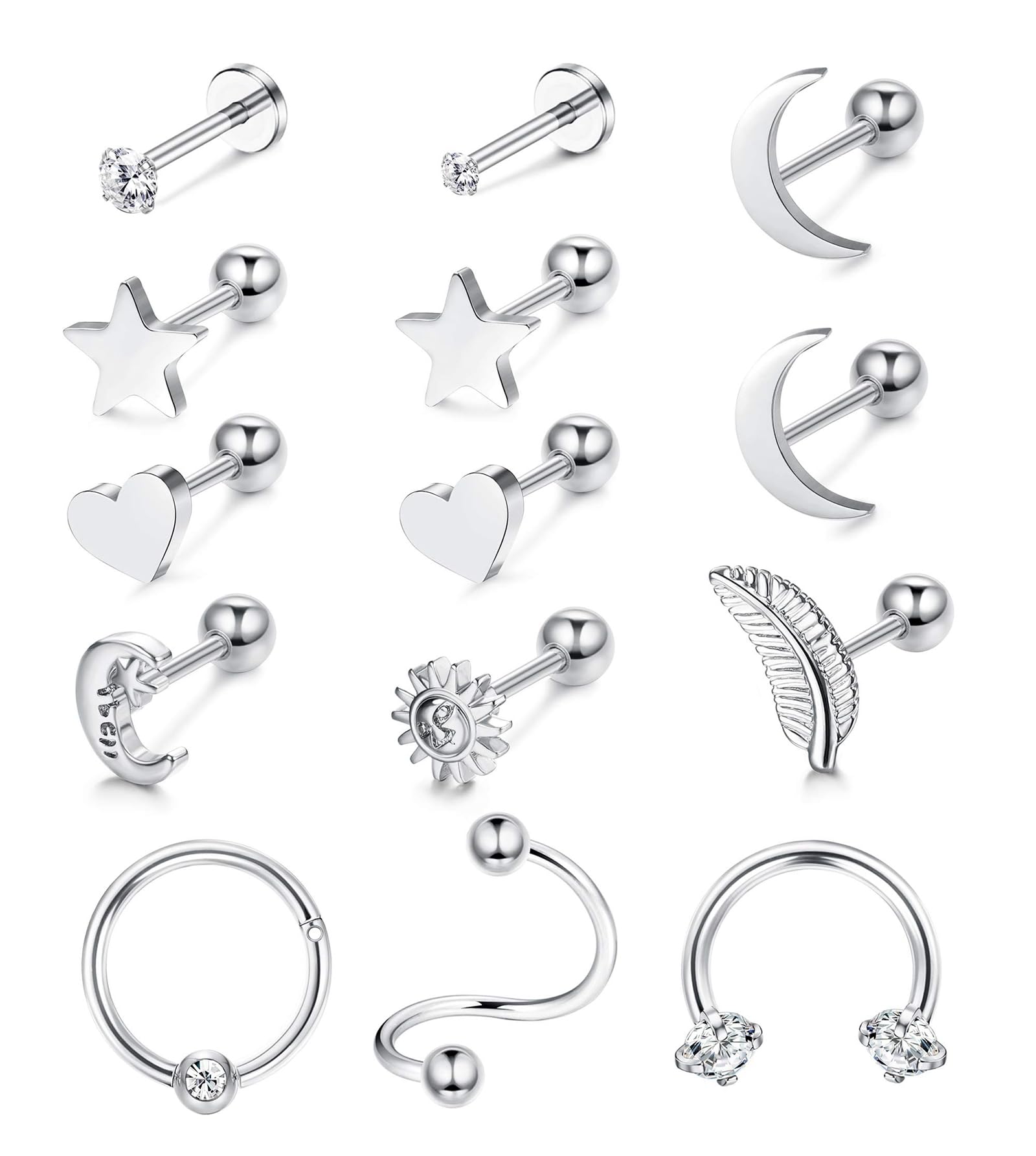 JeweBellaPendientes Helix Cartílago Acero Quirúrgico para Mujer Circonita Cúbica Corazón Estrella Luna Pluma Mariposa Piercing Oreja Plata Piercing Daith Septum Tragus Conch Helix