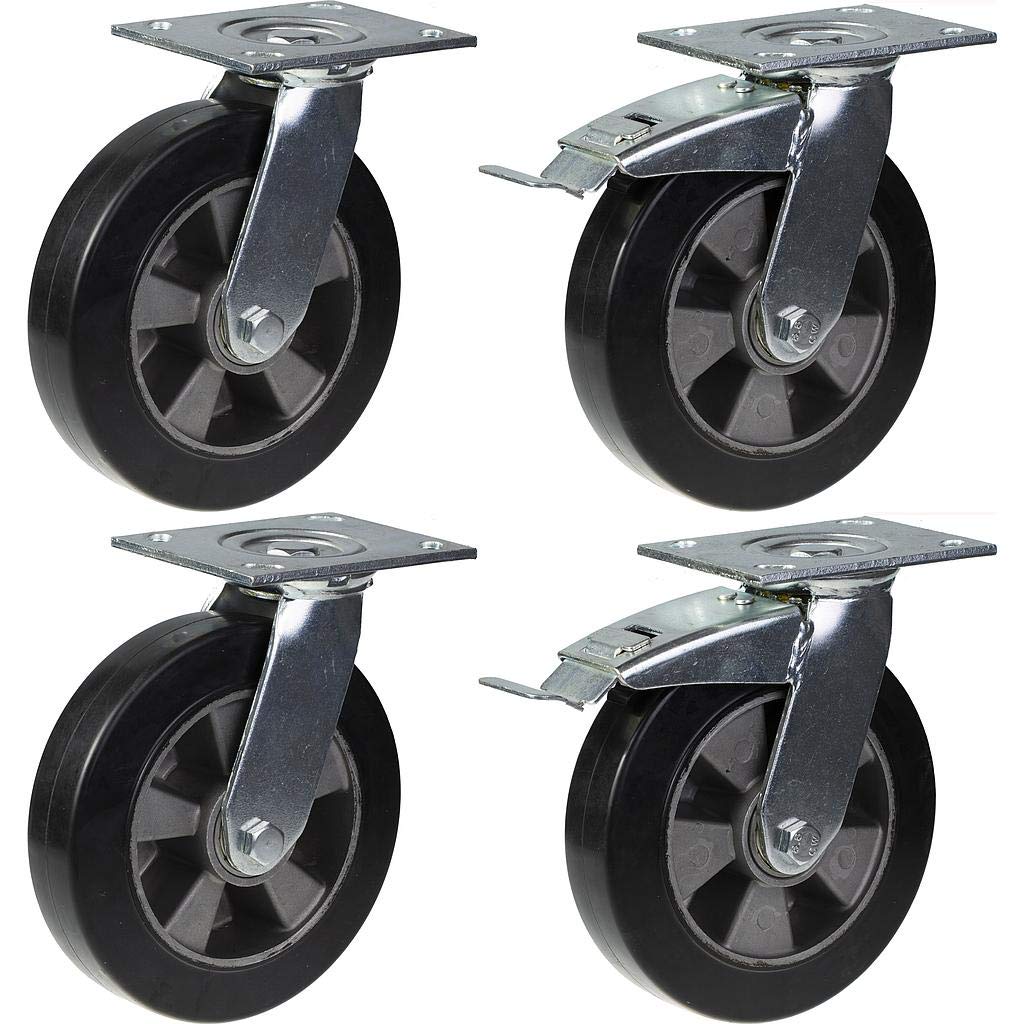 Roulettes pivotantes de 200 mm (8") en caoutchouc noir avec frein, très résistantes, capacité de charge de 1 800 kg, lot de 4