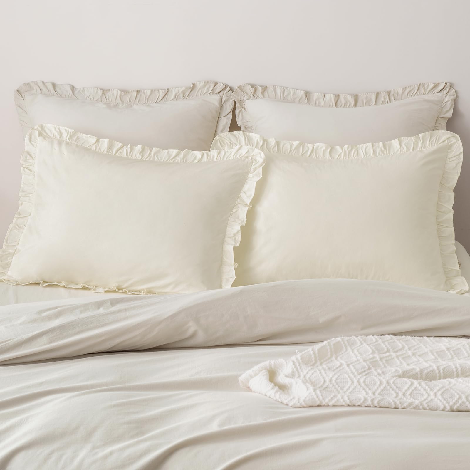 PHF 100% Washed Cotton Ruffle Pillowcases Standard Size, 2 Pack 20" X 26" Pillow Shams, No Insert, Ultra Soft Cotton Pillow Cases,Decorative Farmhouse Bedding, Cannoli Cream