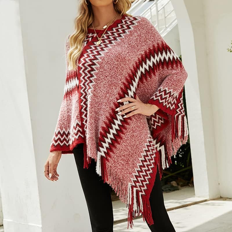 Women's Soft Knitted Zig Zag Patterned Tassel Batwing Poncho Sweater Pullover Wraps Cape - Image 3