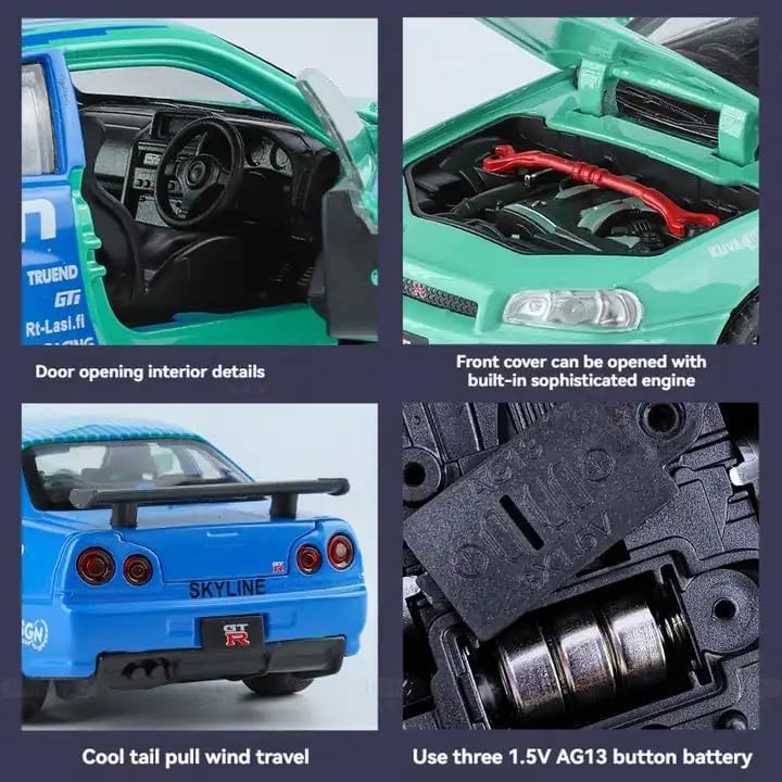 Image of 1:32 Scale Nissaan Skyline R-34 Model Alloy Metal Pull Back Toy car for Kids with Openable Doors & Light, Music Toy Vehicle for Kids (1:32 Nissaan Skyline R-34 (Green))