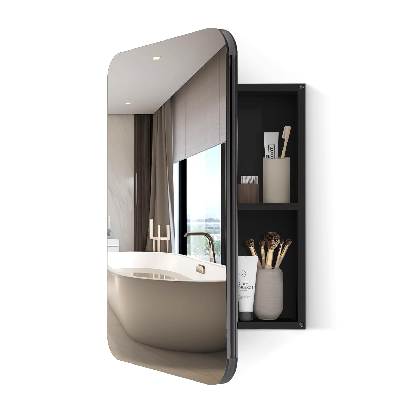 Botiquín de baño de 24 x 16 pulgadas, color negro, montado en la pared o armario de medicina rectangular redondeado con espejo empotrado