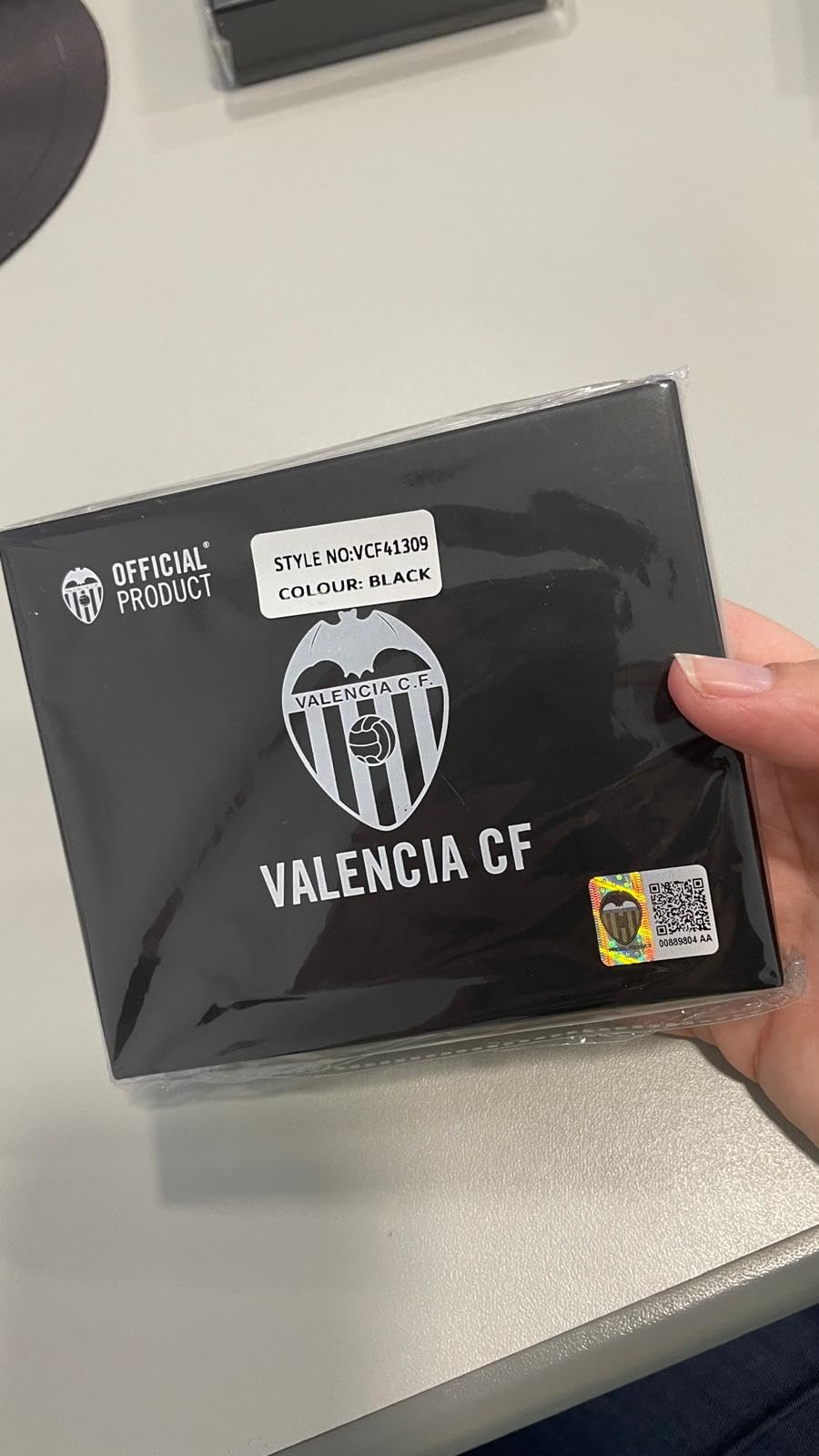 Valencia CF Monedero de Piel Genuina, Negro con Costuras Naranjas, Cartera con Cremallera. Producto Oficial