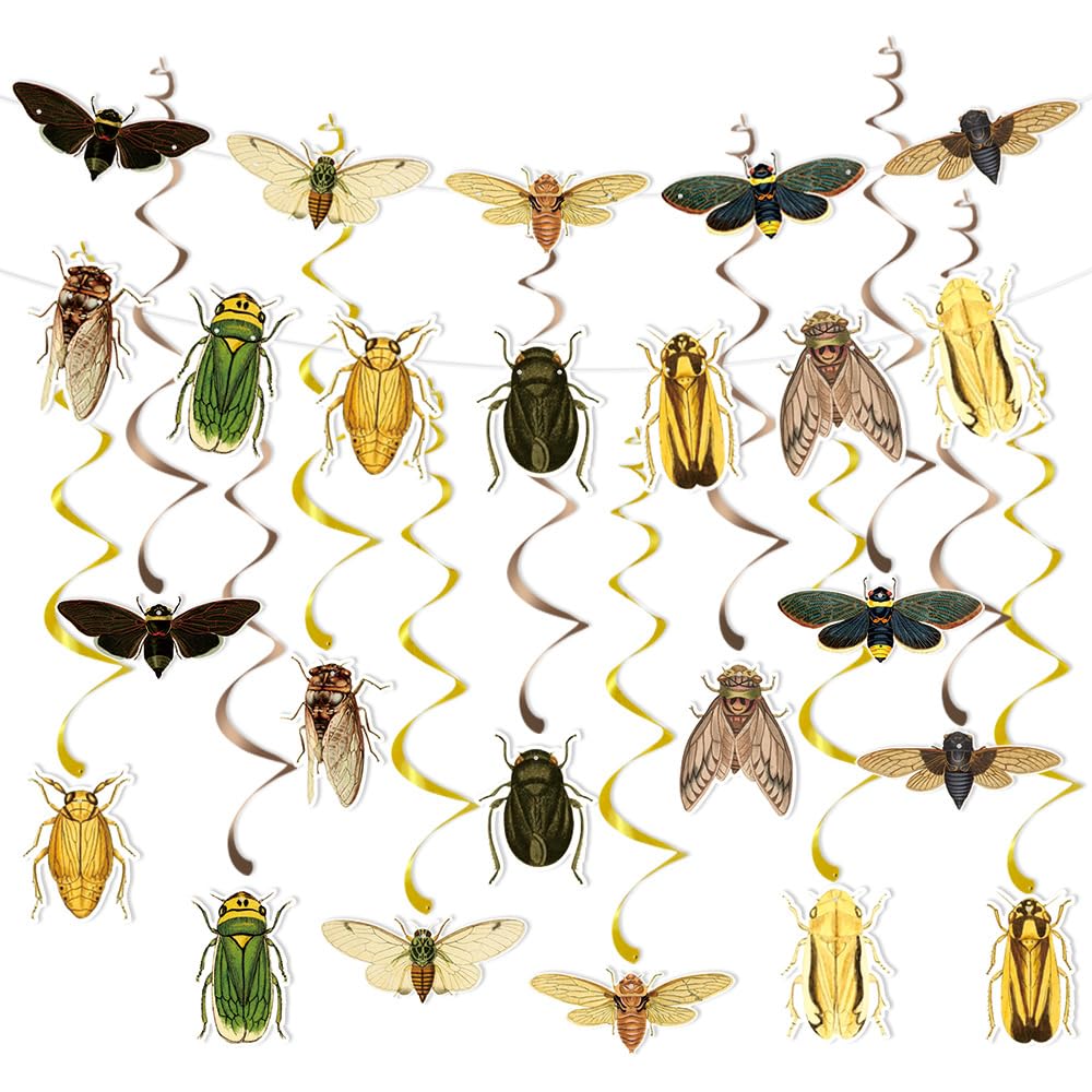 3 Pack Realistic Insect Hanging Swirls Decorations, Bug Party Ceiling Streamers with Cicada Cutouts & Foil Spirals, Nature Theme Woodland Garland for Events, Festivals & Home Decor
