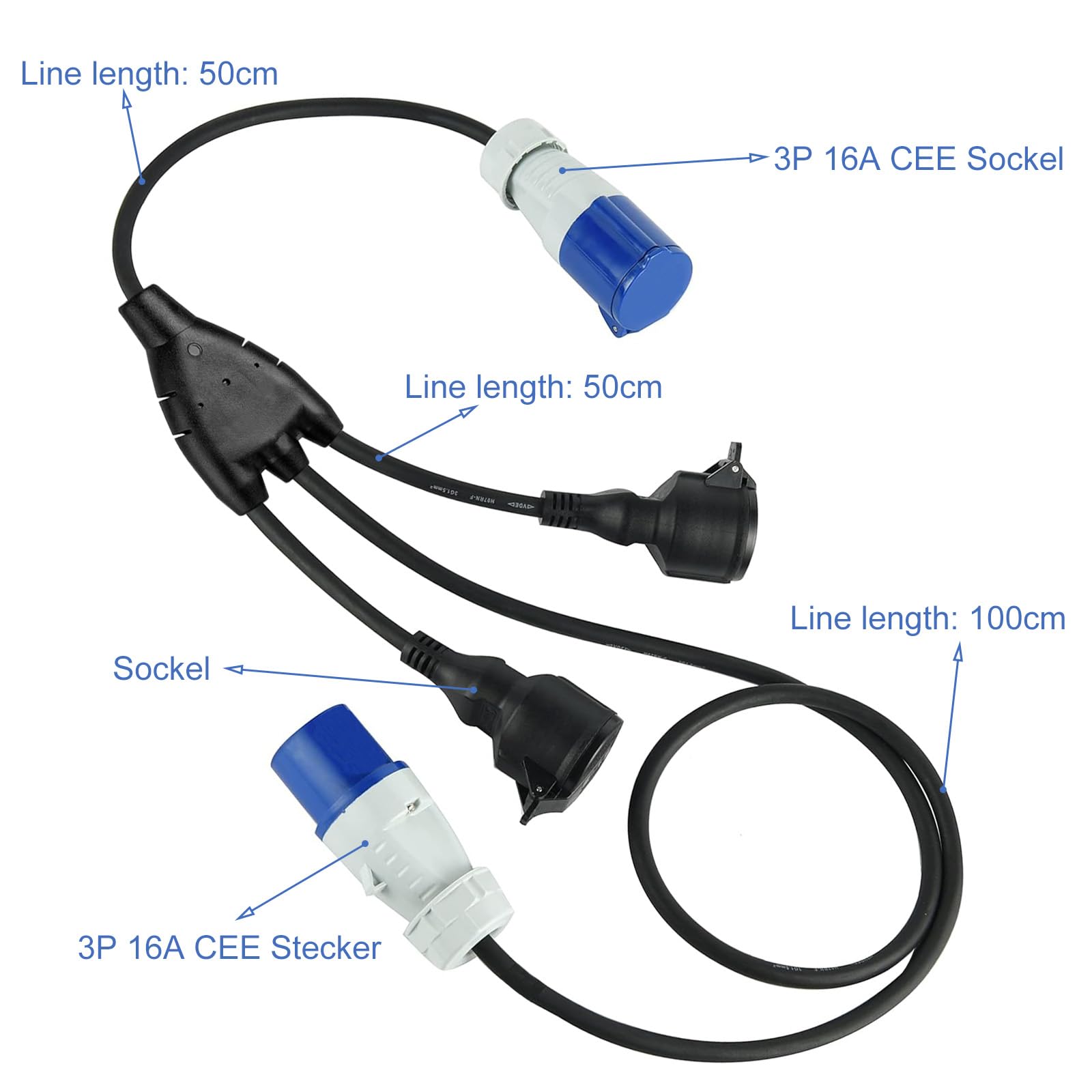Alargador de 3 divisores para caravana, IP44 CEE, cable de alimentación con 2 enchufes Schuko+1 CEE industrial, cable de goma H07RN-F 3G1,5 mm cable de extensión para caravanas y camping