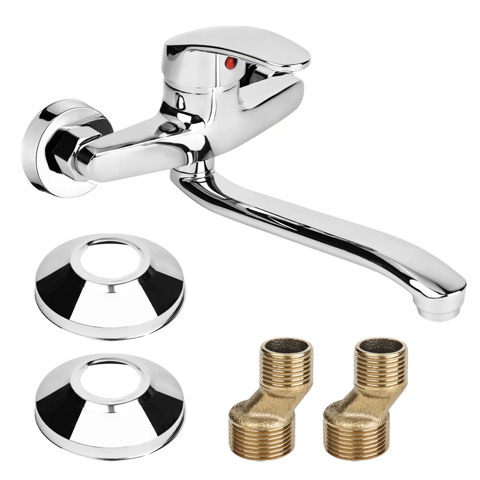 Mitigeur monocommande froid et chaud - Robinet de cuisine rotatif à 360° - Mural - Bras pivotant 24 cm - Chromé