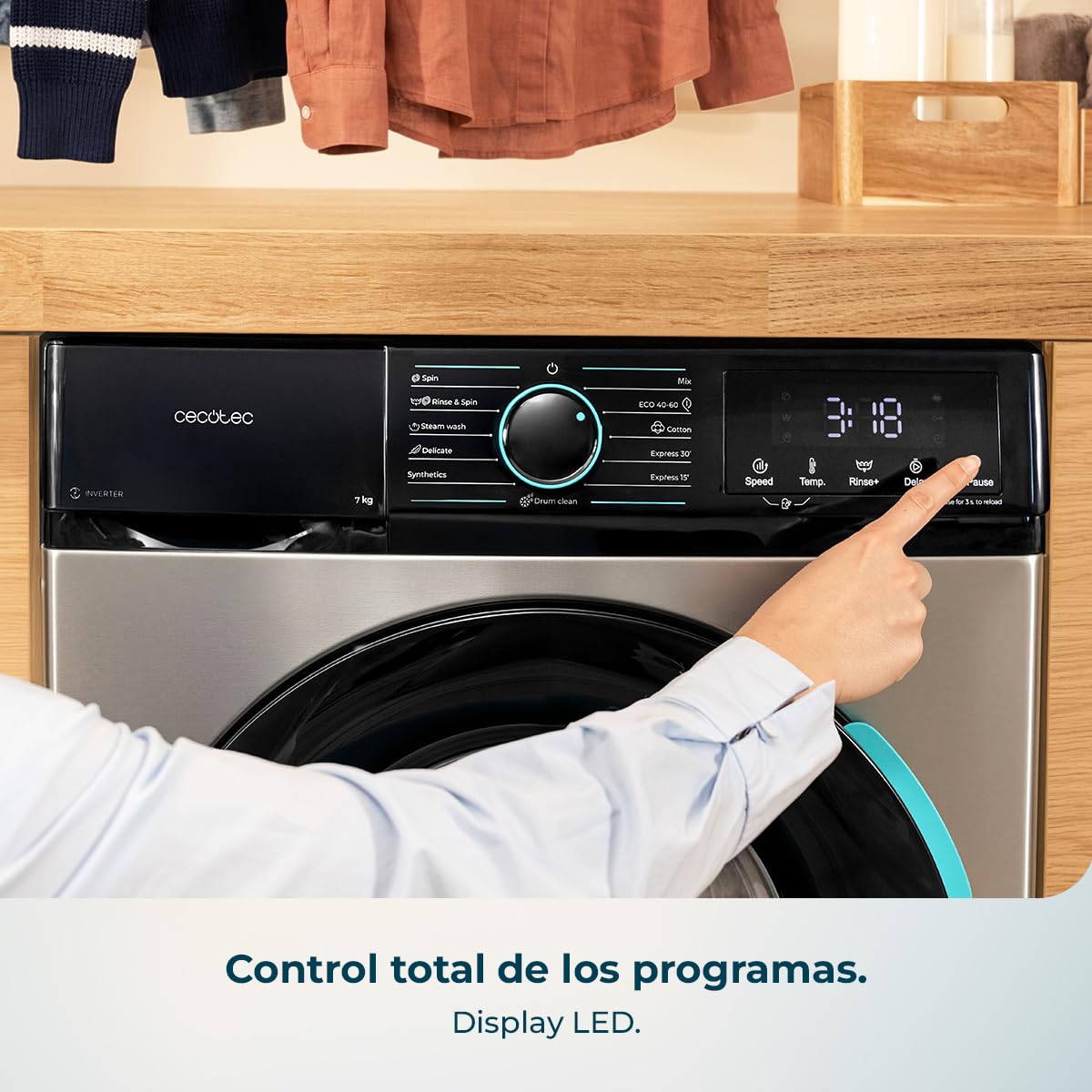 Cecotec Lavadora 8Kg Carga Frontal Bolero DressCode 8160 Inverter Steel | 1200rpm, 11 Programas, Clase A-20%, Bajo Consumo, Motor Inverter Plus, Steam Max, Drum Clean, Programa Rápido, Display LED