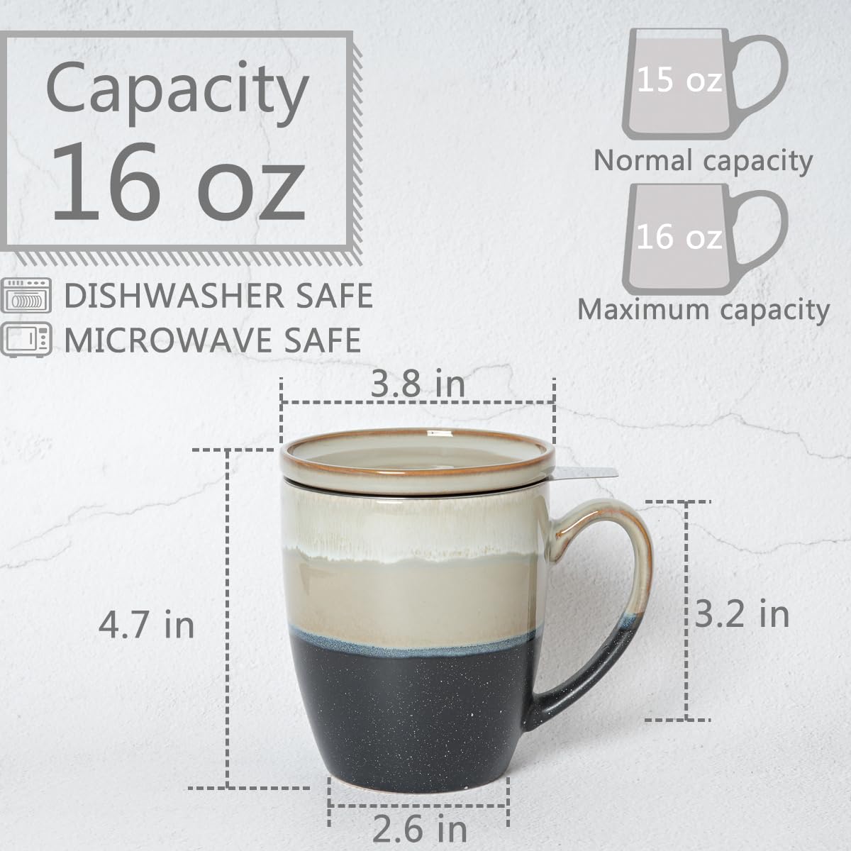 Bosmarlin Tasse à thé en céramique avec infuseur et couvercle, 473,6 g, 4 couleurs au choix, passe au lave-vaisselle et au micro-ondes, tasse à thé avec passoire, glaçage réactif, (gris)